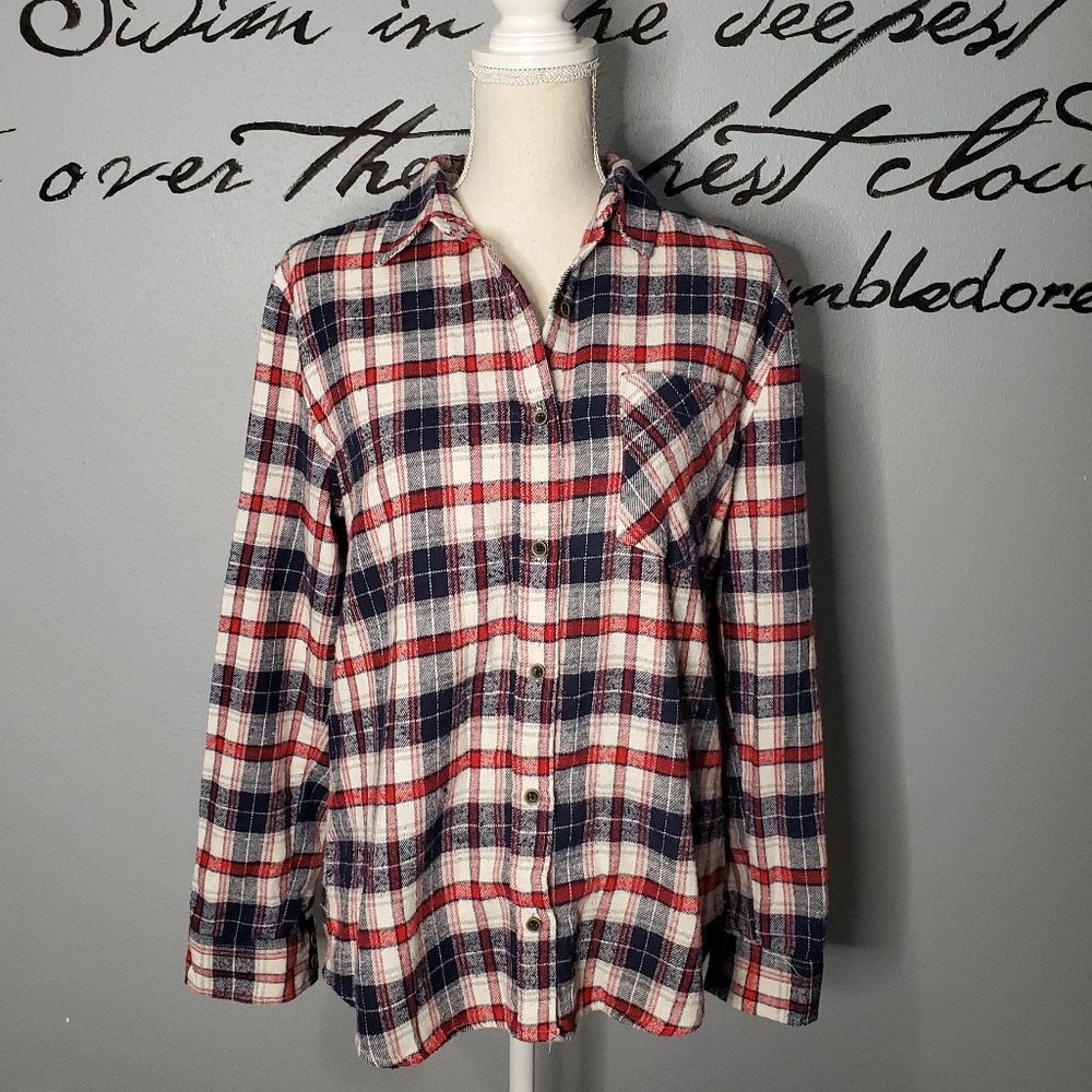 Forever 21 Flannel Button Up, Red, Blue, Beige, M